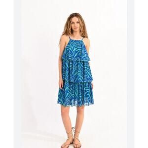 ☀️Lili Sidonio Molly Bracken Zebra Print Tiered Ruffle Mini Dress Blue/Green M